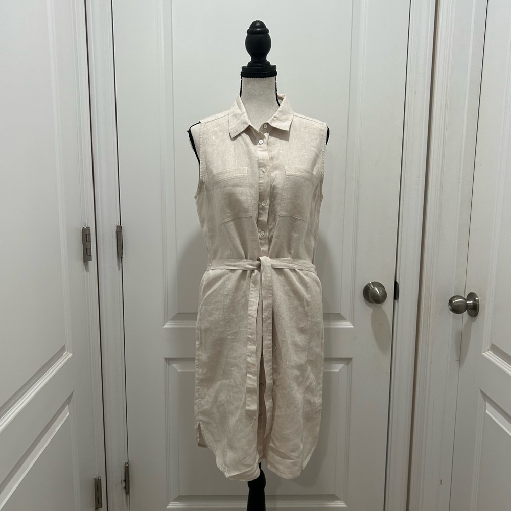 Adrienne Vittadi Linen Sleeveless Tie Front Shirt Dress